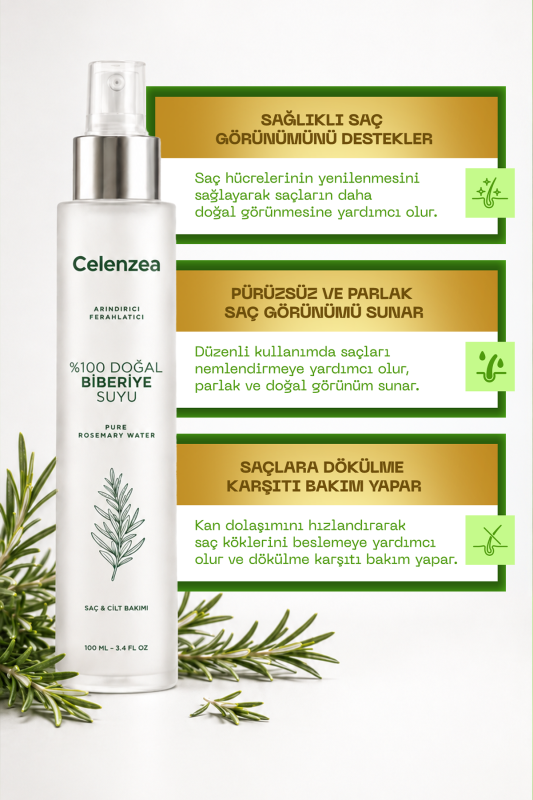 %100 Doğal Biberiye Suyu Dökülme Karşıtı ve Saç Uzaması Destekleyici Bakım, Güçlendirici Bitkisel Saç Spreyi Pure Rosemary Water Spray 100ml - 3