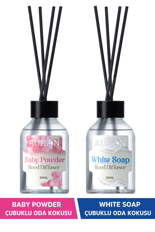 Auran Bebek Pudrası Çubuklu Oda Kokusu Ve Beyaz Sabun Çubuklu Oda Kokusu 2'li Set Reed Dıffuser 50 ml - 1