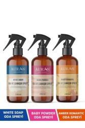 Auran Beyaz Sabun, Bebek Pudrası ve Amber Romantik Oda Ve Çamaşır Spreyi Oda Kokusu 3'lü Set 250ml - Auran