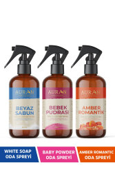 Auran Beyaz Sabun, Bebek Pudrası ve Amber Romantik Oda Ve Çamaşır Spreyi Oda Kokusu 3'lü Set 250ml - Auran