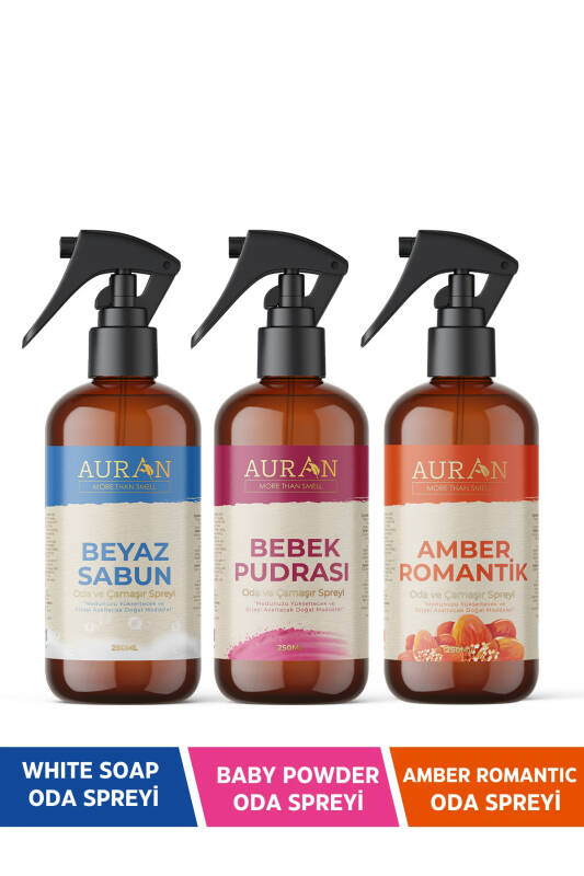 Auran Beyaz Sabun, Bebek Pudrası ve Amber Romantik Oda Ve Çamaşır Spreyi Oda Kokusu 3'lü Set 250ml - 1