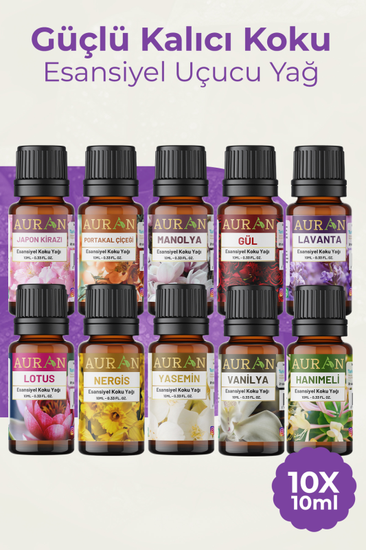 Auran Çiçekler 10'lu Set Saf Esansiyel Uçucu Yağ Buhurdanlık Yağı Difüzör Esansı Aromaterap Ortam 10x 10ml - 1