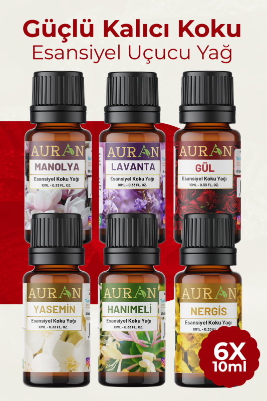 Auran Çiçekler Seti Saf Esansiyel Uçucu Yağ Buhurdanlık Yağı Difüzör Esansı Aromaterapi Koku Yağı 6X 10ml - 1