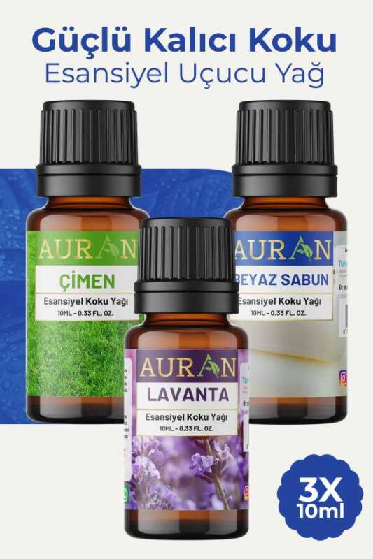 Auran Çimen, Beyaz Sabun, Lavanta Saf Esansiyel Uçucu Yağ Buhurdanlık Yağ Difüzör Esans Aroma 3x 10ml - 1