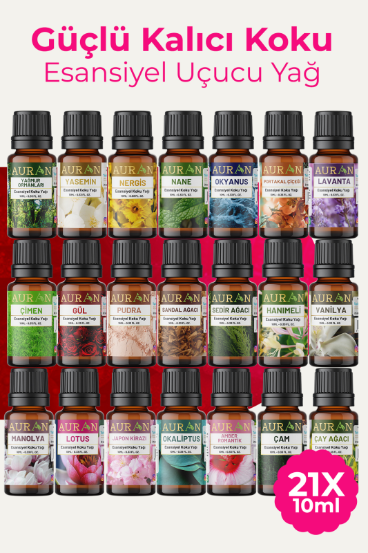 Auran Eko Set Saf Esansiyel Uçucu Yağ Buhurdanlık Yağı Difüzör Esansı Aromaterapi Ortam Koku Yağı 21x 10ml - 1