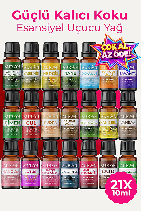 Auran Eko Set Saf Esansiyel Uçucu Yağ Buhurdanlık Yağı Difüzör Esansı Aromaterapi Ortam Koku Yağı 21x 10ml - 1