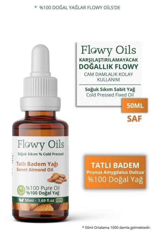Flowy Oils Tatlı Badem Yağı %100 Doğal Bitkisel Sabit Yağ Sweet Almond Oil 50 ml - 1