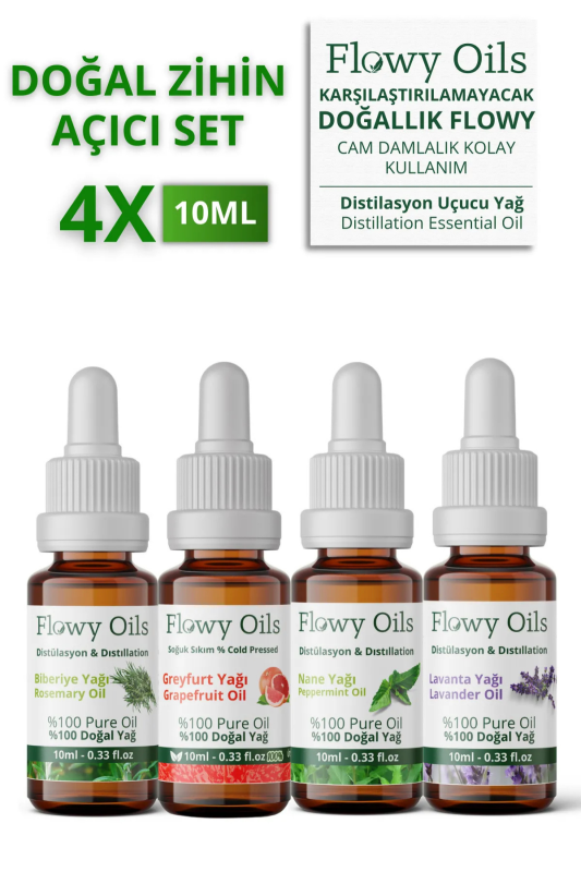Flowy Oils Zihin Açıcı Doğal Özel Bakım Yağı 4'lü Set %100 Saf Biberiye Nane Lavanta Greyfurt Yağı 4x 10ml - 1